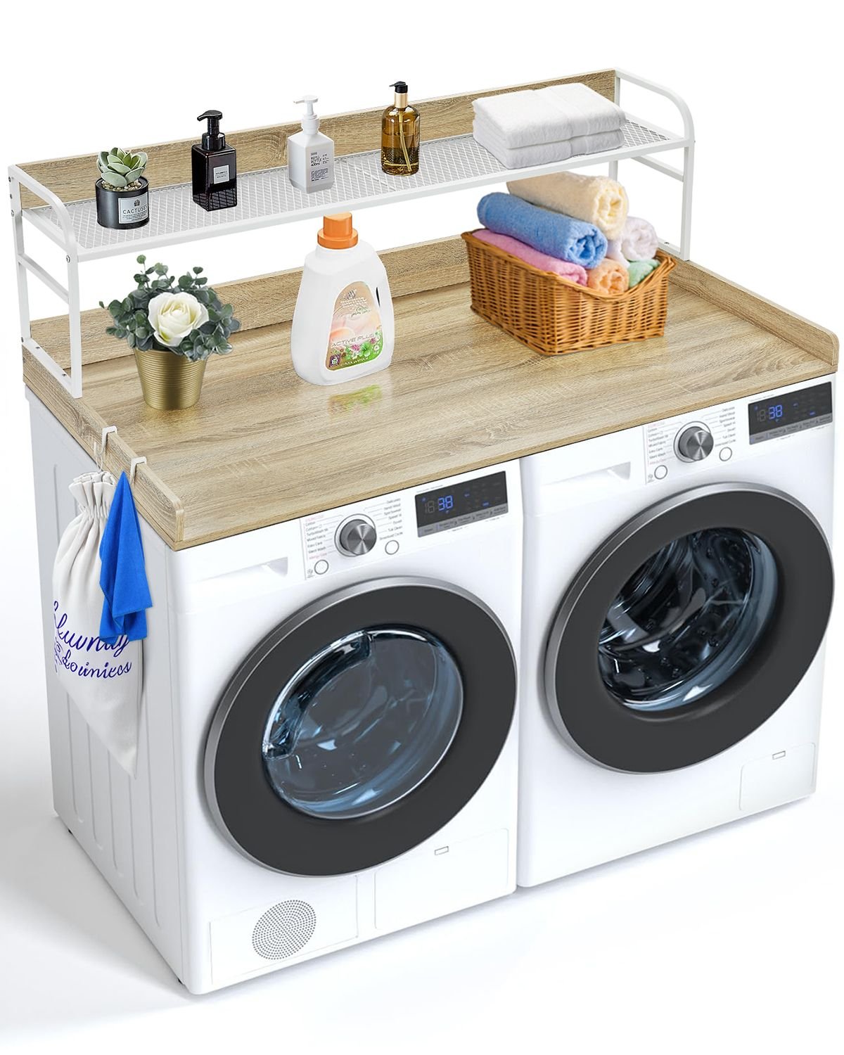 washer dryer countertop with 2 tier shelf, 54" x 27" wooden washer and dryer countertop with anti slip pads, water resistant laundry topper cover for laundry room organization and storage, oak