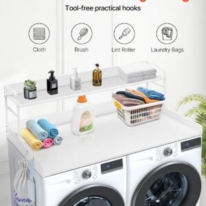washer dryer countertop with 2 tier shelf, 54" x 27" wooden washer and dryer countertop with anti slip pads, water resistant laundry topper cover for laundry room organization and storage, white