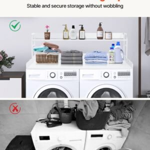 washer dryer countertop with 2 tier shelf, 54" x 27" wooden washer and dryer countertop with anti slip pads, water resistant laundry topper cover for laundry room organization and storage, white