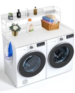 Washer Dryer Countertop with 2-Tier Shelf, 54" x 27" Wooden Washer and Dryer Countertop with Anti-Slip Pads, Water-Resistant Laundry Topper Cover for Laundry Room Organization and Storage, White