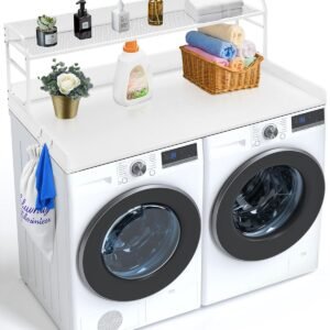 washer dryer countertop with 2 tier shelf, 54" x 27" wooden washer and dryer countertop with anti slip pads, water resistant laundry topper cover for laundry room organization and storage, white