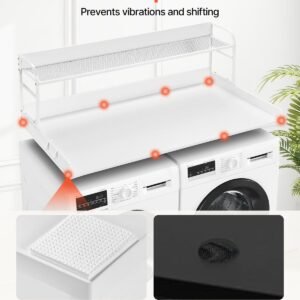 washer dryer countertop with 2 tier shelf, 54" x 27" wooden washer and dryer countertop with anti slip pads, water resistant laundry topper cover for laundry room organization and storage, white