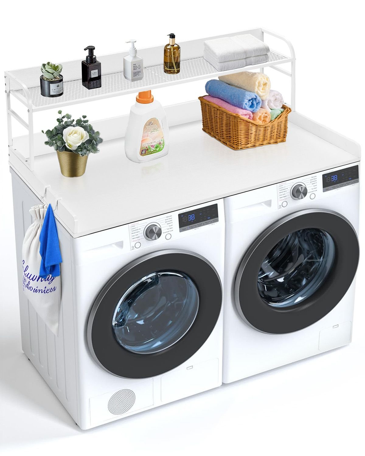washer dryer countertop with 2 tier shelf, 54" x 27" wooden washer and dryer countertop with anti slip pads, water resistant laundry topper cover for laundry room organization and storage, white