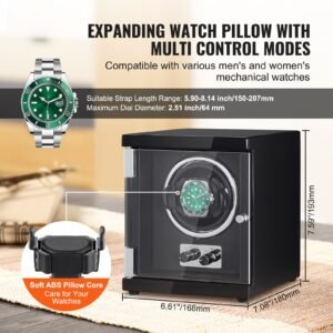 watch winder, single watch winder for men's and women's automatic watch, with super quiet japanese mabuchi motor, blue led light and adapter, high density board shell and black pu