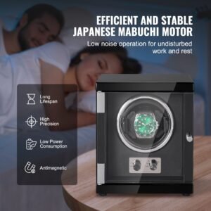 watch winder, single watch winder for men's and women's automatic watch, with super quiet japanese mabuchi motor, blue led light and adapter, high density board shell and black pu