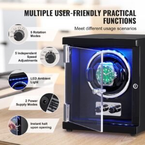 watch winder, single watch winder for men's and women's automatic watch, with super quiet japanese mabuchi motor, blue led light and adapter, high density board shell and black pu