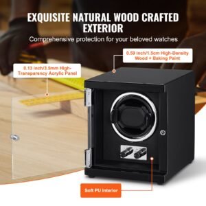 watch winder, single watch winder for men's and women's automatic watch, with super quiet japanese mabuchi motor, blue led light and adapter, high density board shell and black pu