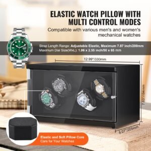 watch winder, watch winder for 4 men's and women's automatic watches, with 2 super quiet japanese mabuchi motors, blue led light and adapter, high density board shell and black pu