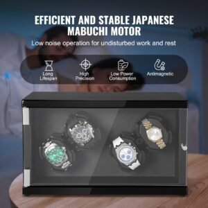 watch winder, watch winder for 4 men's and women's automatic watches, with 2 super quiet japanese mabuchi motors, blue led light and adapter, high density board shell and black pu