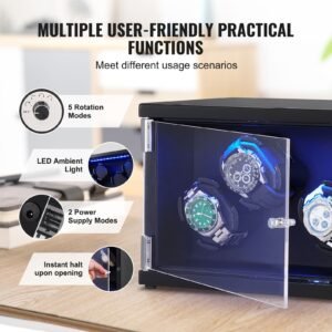 watch winder, watch winder for 4 men's and women's automatic watches, with 2 super quiet japanese mabuchi motors, blue led light and adapter, high density board shell and black pu