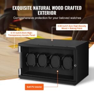 watch winder, watch winder for 4 men's and women's automatic watches, with 2 super quiet japanese mabuchi motors, blue led light and adapter, high density board shell and black pu