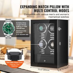 watch winder, watch winder for 4 men's and women's automatic watches, with 4 super quiet japanese mabuchi motors, blue led light and adapter, high density board shell and black pu