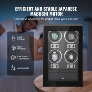 watch winder, watch winder for 4 men's and women's automatic watches, with 4 super quiet japanese mabuchi motors, blue led light and adapter, high density board shell and black pu