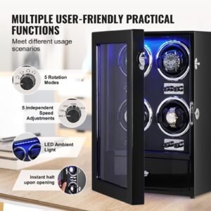 watch winder, watch winder for 4 men's and women's automatic watches, with 4 super quiet japanese mabuchi motors, blue led light and adapter, high density board shell and black pu