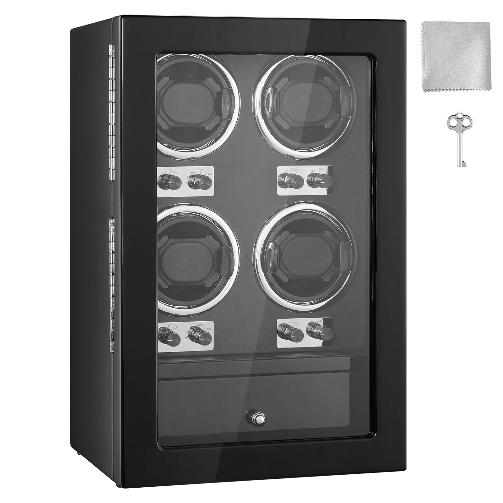 watch winder, watch winder for 4 men's and women's automatic watches, with 4 super quiet japanese mabuchi motors, blue led light and adapter, high density board shell and black pu