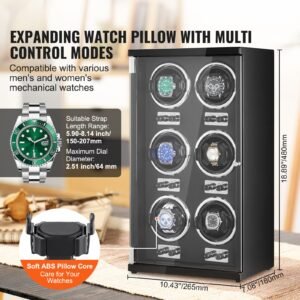 watch winder, watch winder for 6 men's and women's automatic watches, with 6 super quiet japanese mabuchi motors, blue led light and adapter, high density board shell and black pu