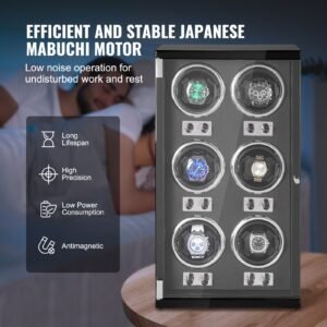 watch winder, watch winder for 6 men's and women's automatic watches, with 6 super quiet japanese mabuchi motors, blue led light and adapter, high density board shell and black pu