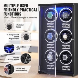 watch winder, watch winder for 6 men's and women's automatic watches, with 6 super quiet japanese mabuchi motors, blue led light and adapter, high density board shell and black pu