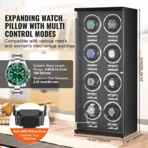 watch winder, watch winder for 8 men's and women's automatic watches, with 8 super quiet japanese mabuchi motors, blue led light and adapter, high density board shell and black pu