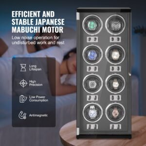 watch winder, watch winder for 8 men's and women's automatic watches, with 8 super quiet japanese mabuchi motors, blue led light and adapter, high density board shell and black pu