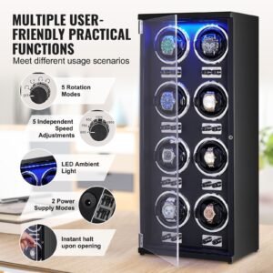 watch winder, watch winder for 8 men's and women's automatic watches, with 8 super quiet japanese mabuchi motors, blue led light and adapter, high density board shell and black pu