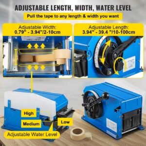 water activated tape dispenser, maximum 39.4" x 3.94" tape, adjustable length, width & water level, manual tape dispenser with water brush, carton packaging for express box, gift box
