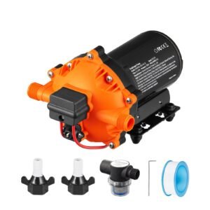 Water Diaphragm Pump, 12V DC, 5.5 GPM Flow, 70 PSI Rated Pressure (40-100 PSI Adjustable), 1/2" MNPT Self Priming Sprayer Pump with Pressure Switch for RV Camper Marine Boat Lawn, FCC Certified