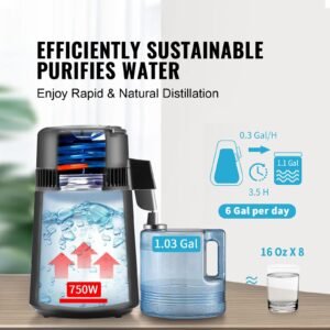 water distiller, 4l 1.05 gallon pure water purifier filter for home countertop, 750w distilled water maker, stainless steel interior distiller water making machine to make clean water, black