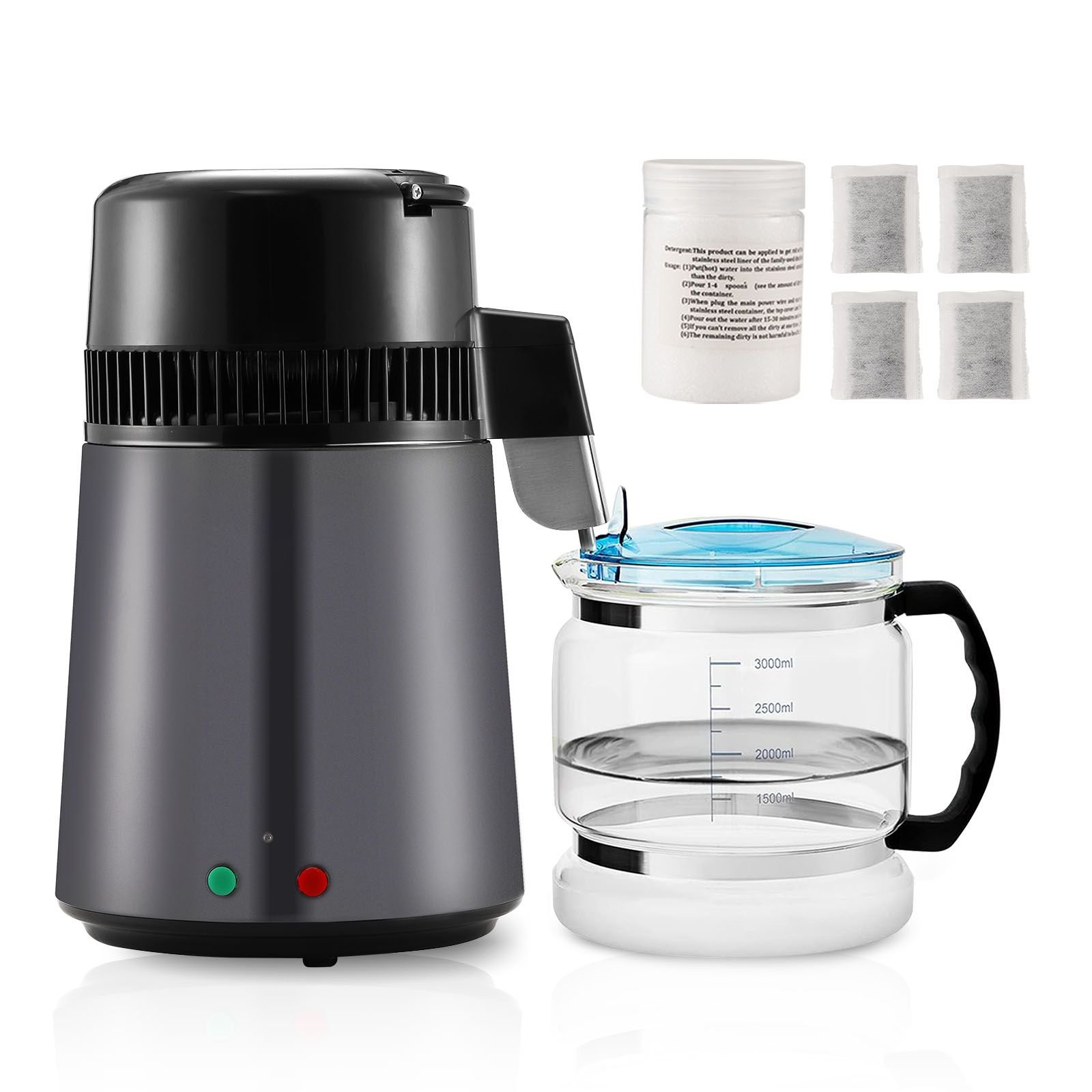 water distiller, 4l 1.05 gallon pure water purifier filter for home countertop, 750w distilled water maker, stainless steel interior distiller water making machine to make clean water, gray