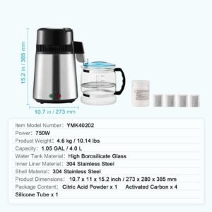 water distiller, 4l 1.05 gallon pure water purifier filter for home countertop, 750w distilled water maker, stainless steel interior distiller water making machine to make clean water, silvery