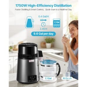 water distiller, 4l 1.1 gallon pure water purifier filter for home table countertop, 1750w distilled maker with glass pot, stainless steel interior drinking machine to make clean waters, grey