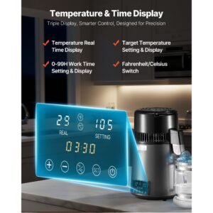 water distiller, 4l 1.1 gallon pure water purifier filter for home table countertop, 1750w distilled maker with glass pot, stainless steel interior drinking machine to make clean waters, grey