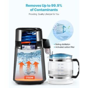 water distiller, 4l 1.1 gallon pure water purifier filter for home table countertop, 1750w distilled maker with glass pot, stainless steel interior drinking machine to make clean waters, grey