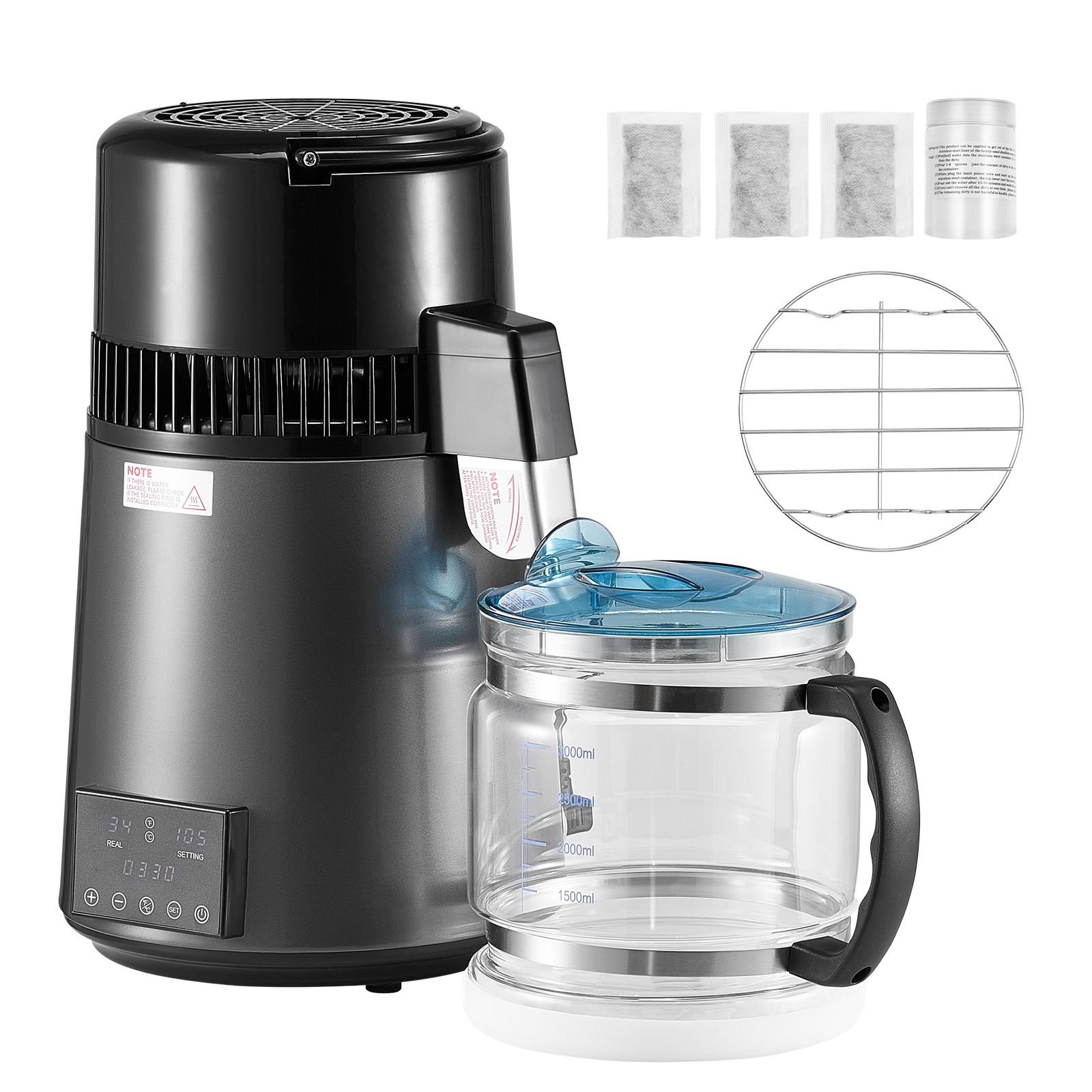 water distiller, 4l 1.1 gallon pure water purifier filter for home table countertop, 1750w distilled maker with glass pot, stainless steel interior drinking machine to make clean waters, grey