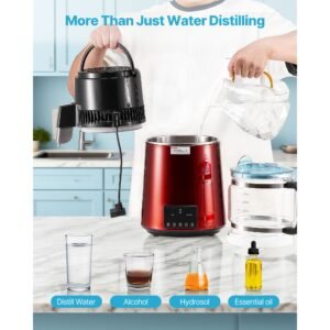 water distiller, 4l 1.1 gallon pure water purifier filter for home table countertop, 1750w distilled maker with glass pot, stainless steel interior drinking machine to make clean waters, red