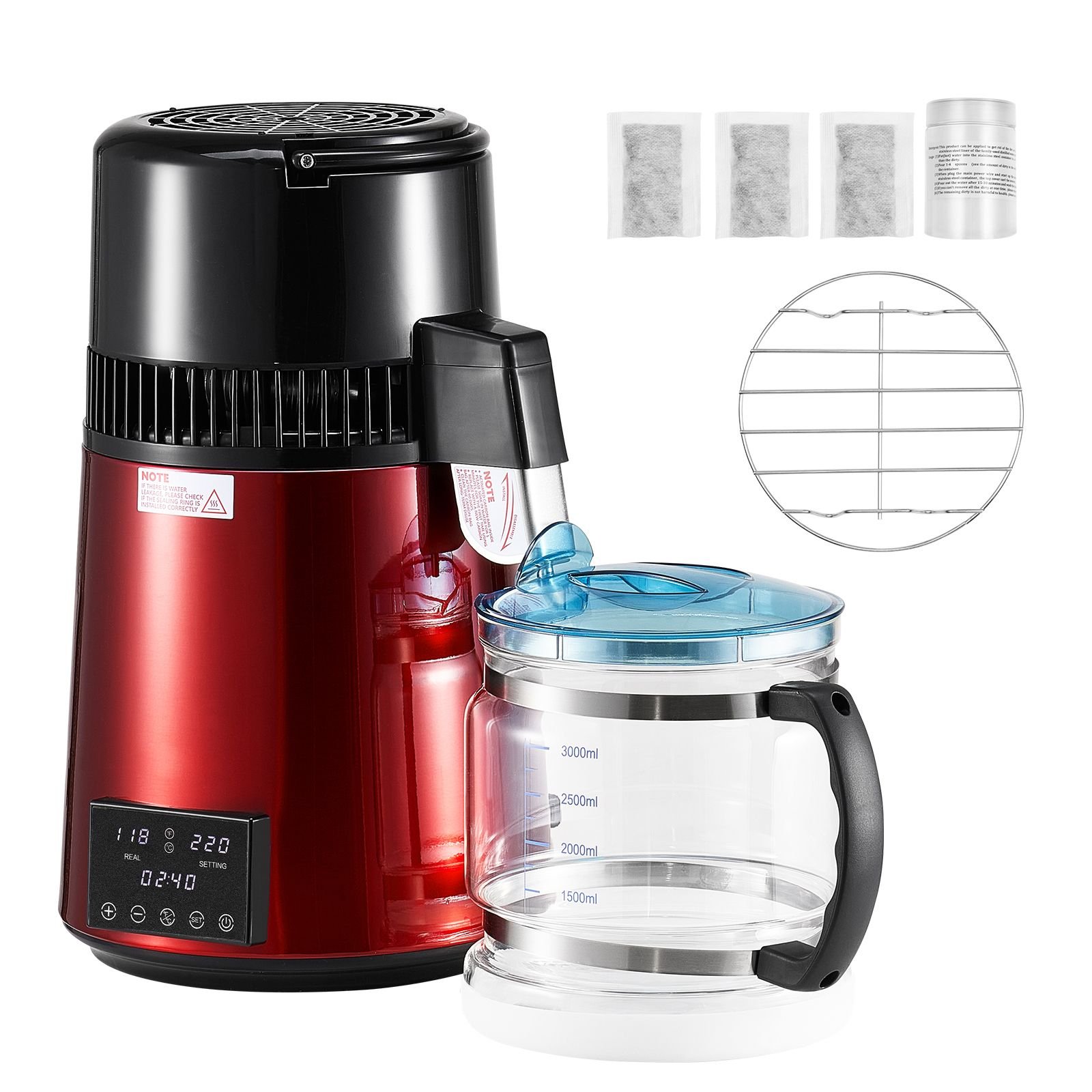 water distiller, 4l 1.1 gallon pure water purifier filter for home table countertop, 1750w distilled maker with glass pot, stainless steel interior drinking machine to make clean waters, red