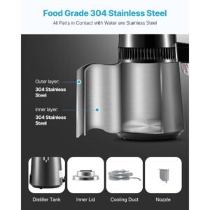 water distiller, 4l 1.1 gallon pure water purifier filter for home table countertop, 750w distilled maker with glass pot, stainless steel interior drinking machine to make clean waters, grey
