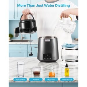 water distiller, 4l 1.1 gallon pure water purifier filter for home table countertop, 750w distilled maker with glass pot, stainless steel interior drinking machine to make clean waters, grey