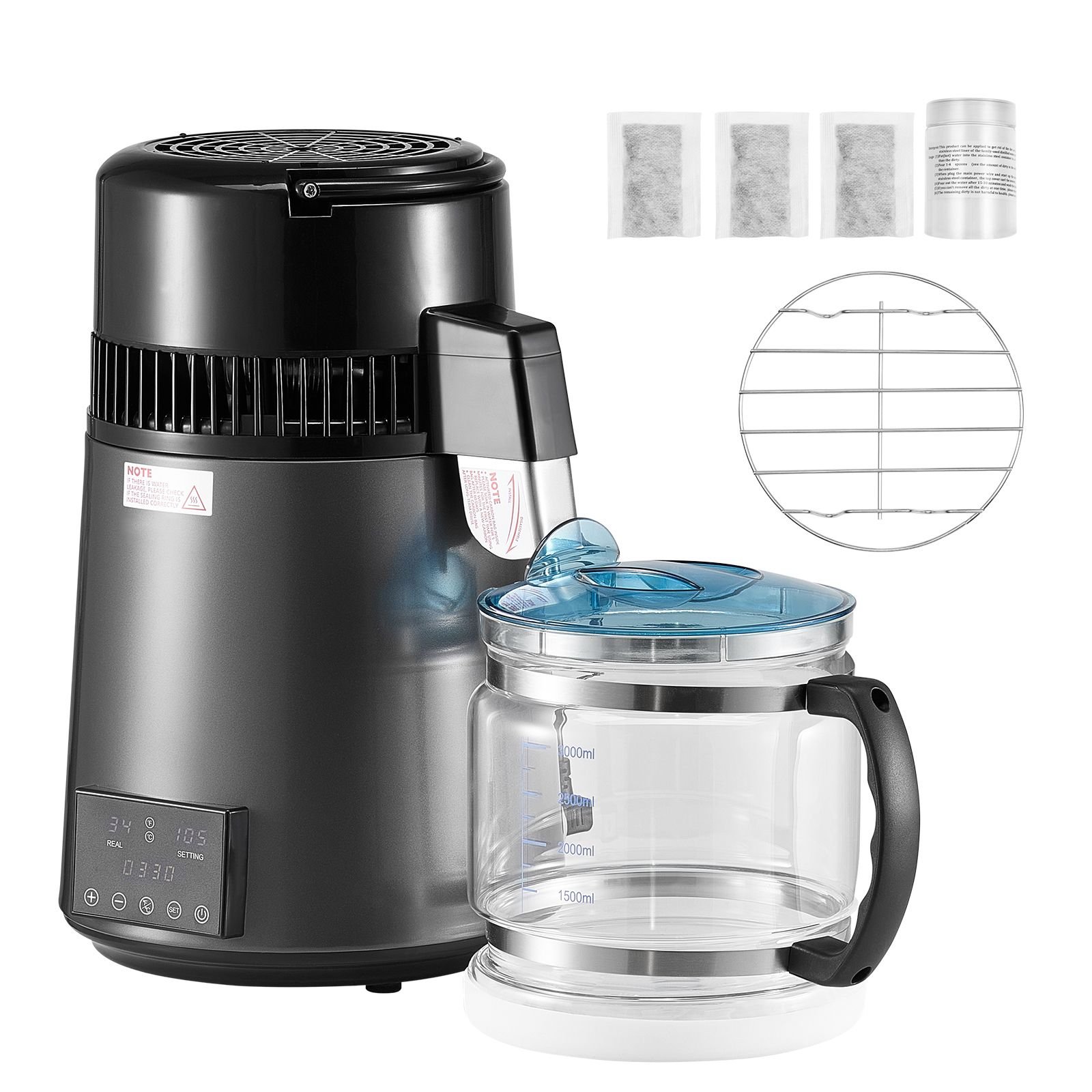 water distiller, 4l 1.1 gallon pure water purifier filter for home table countertop, 750w distilled maker with glass pot, stainless steel interior drinking machine to make clean waters, grey