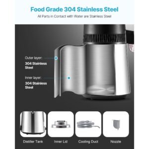 water distiller, 6l 1.6 gallon larger pure water purifier filter for home table countertop, 900w glass pot distilled maker, stainless steel interior drinking machine to make clean waters, silver
