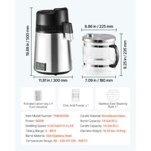 water distiller, 6l 1.6 gallon larger pure water purifier filter for home table countertop, 900w glass pot distilled maker, stainless steel interior drinking machine to make clean waters, silver