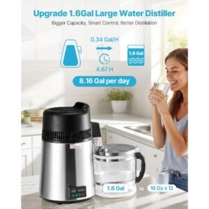 Water Distiller, 6L 1.6 Gallon Larger Pure Water Purifier Filter For Home Table Countertop, 900W Glass Pot Distilled Maker, Stainless Steel Interior Drinking Machine to Make Clean Waters, Silver