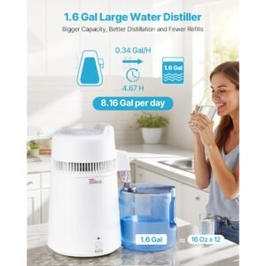 water distiller, 6l 1.6 gallon larger pure water purifier filter for home table countertop, 900w plastic distilled maker, stainless steel interior drinking machine to make clean waters, white