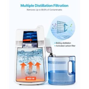 water distiller, 6l 1.6 gallon larger pure water purifier filter for home table countertop, 900w plastic distilled maker, stainless steel interior drinking machine to make clean waters, white