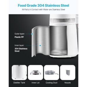 water distiller, 6l 1.6 gallon larger pure water purifier filter for home table countertop, 900w plastic distilled maker, stainless steel interior drinking machine to make clean waters, white