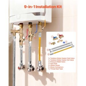 water heater kit, 3/4 inch cold & hot water plumbing repair kit with 600 wog isolation valves, pressure relief valve, dual layer gas hose, compatible with most tankless waters heater brands
