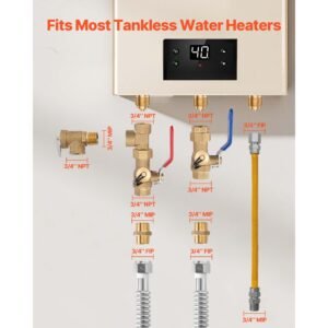water heater kit, 3/4 inch cold & hot water plumbing repair kit with 600 wog isolation valves, pressure relief valve, dual layer gas hose, compatible with most tankless waters heater brands