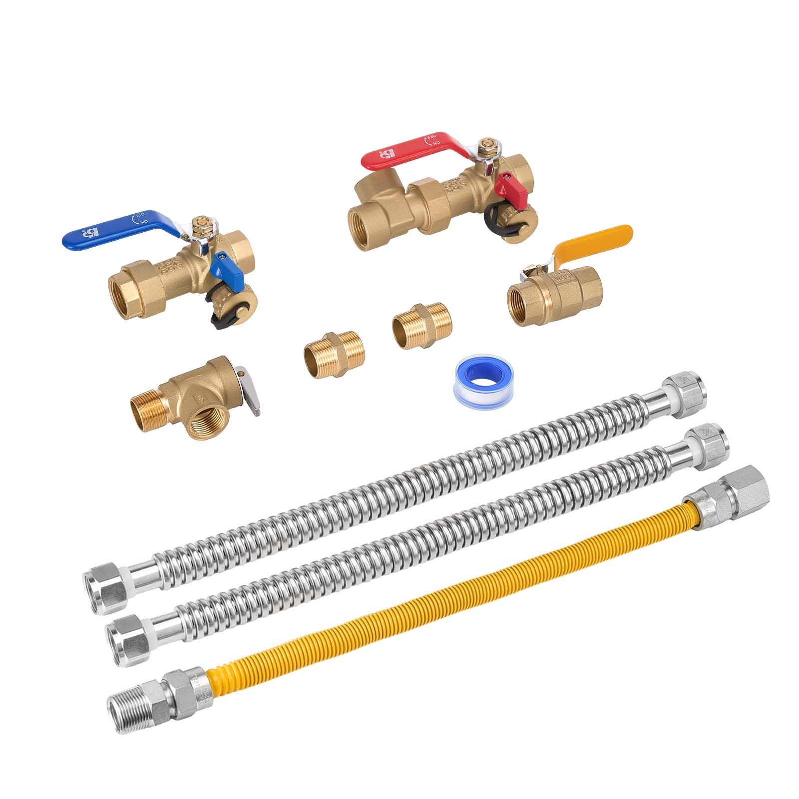 water heater kit, 3/4 inch cold & hot water plumbing repair kit with 600 wog isolation valves, pressure relief valve, dual layer gas hose, compatible with most tankless waters heater brands