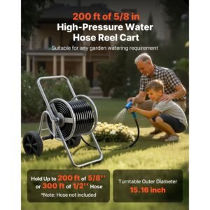 water hose reel cart, 200/300 ft high pressure garden hose cart, hoses reel carts with two wheels, handle & heavy duty mesh storage basket, portable hoses reels for garden watering, car washing