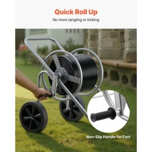 water hose reel cart, 200/300 ft high pressure garden hose cart, hoses reel carts with two wheels, handle & heavy duty mesh storage basket, portable hoses reels for garden watering, car washing